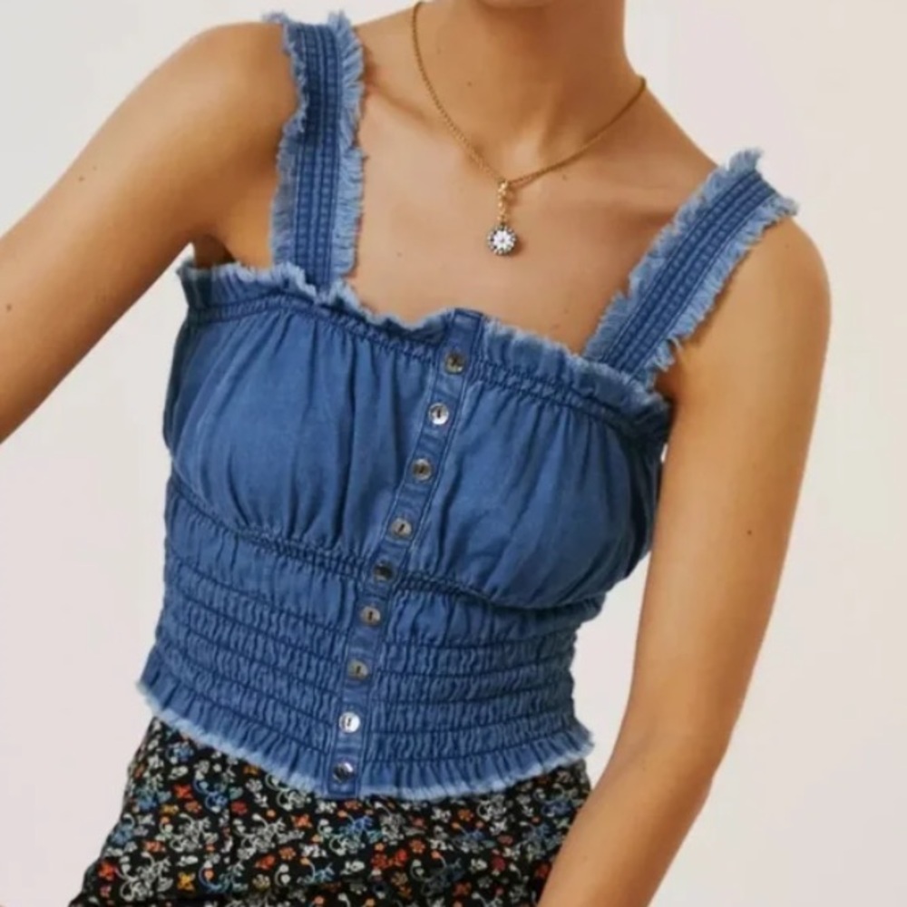 Pilcro Blue Denim Crop Top with Button Accents